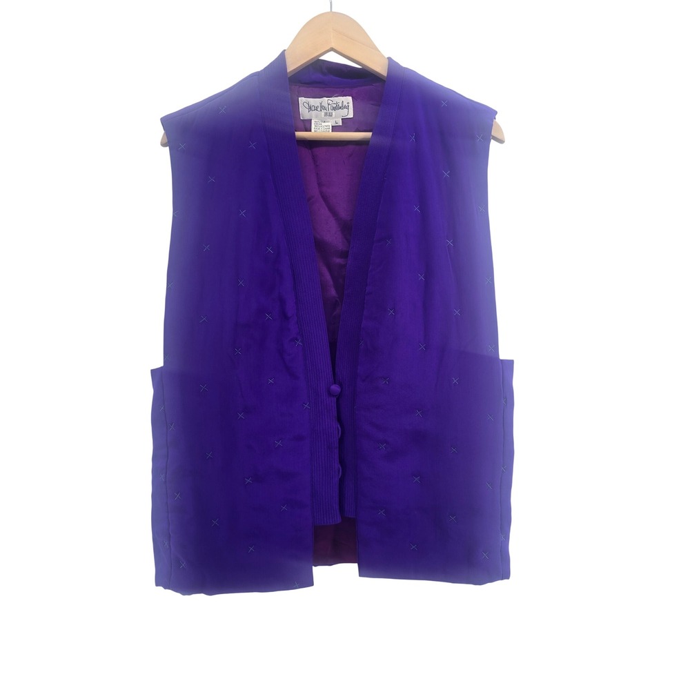 Diane Von Furstenberg Silk Vest Womens L Vintage Embroidered Purple Padded EUC